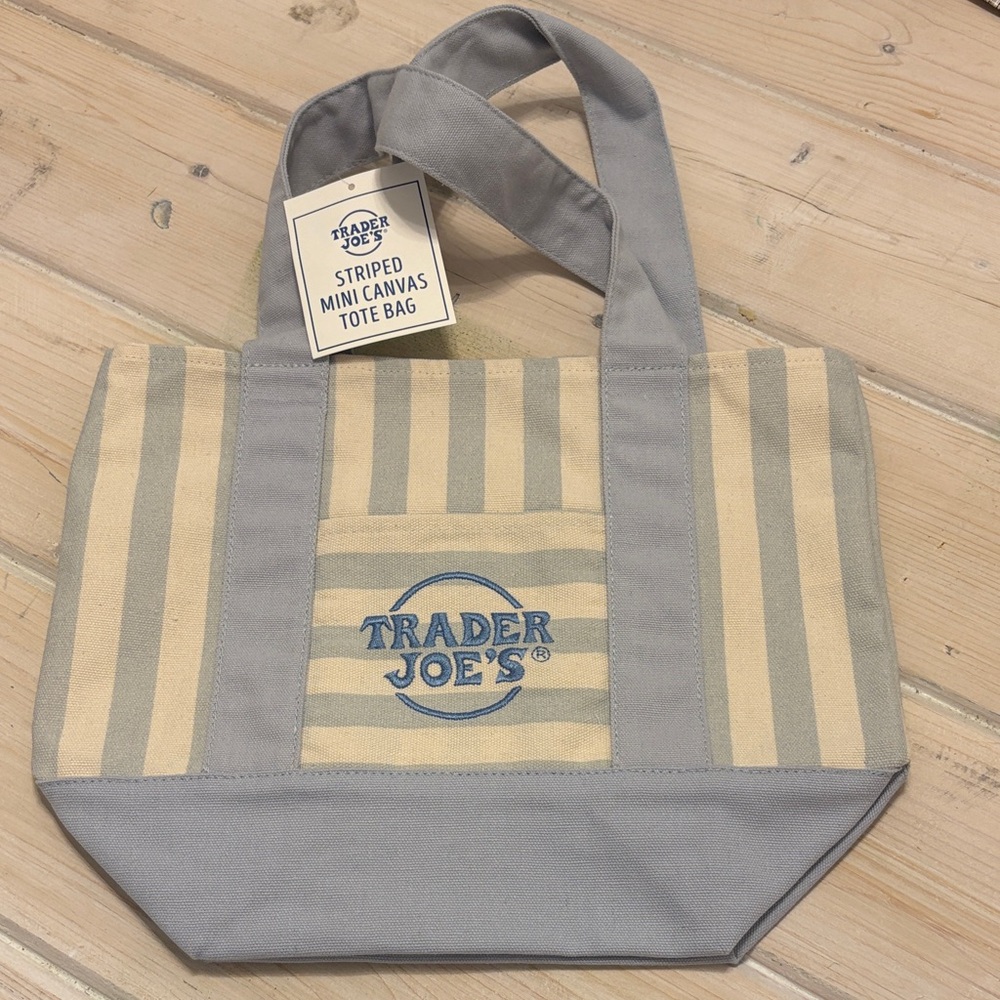 NEW Trader Joe's Striped Canvas Tote in Cream & Light Blue
